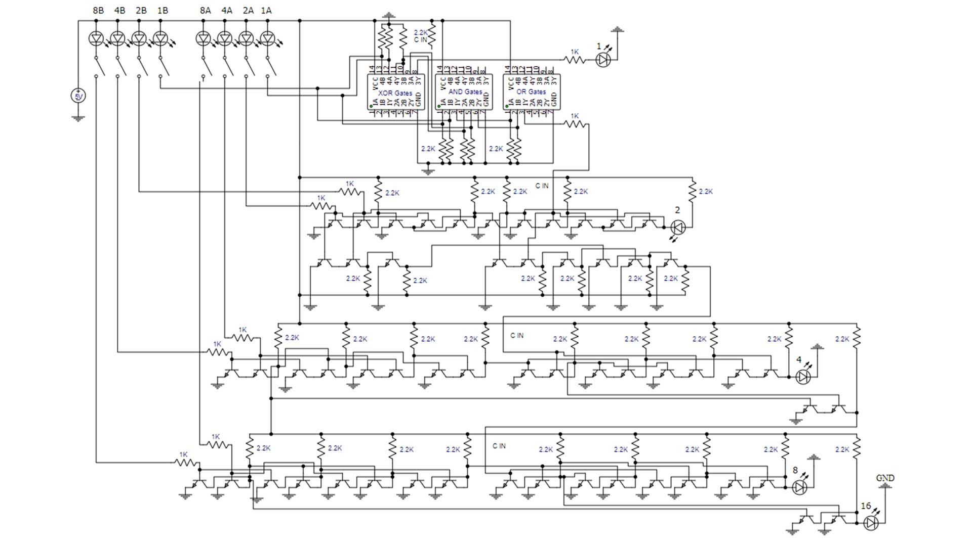 4 bit calculator component level circuit diagram using transistors and integrated circuits
