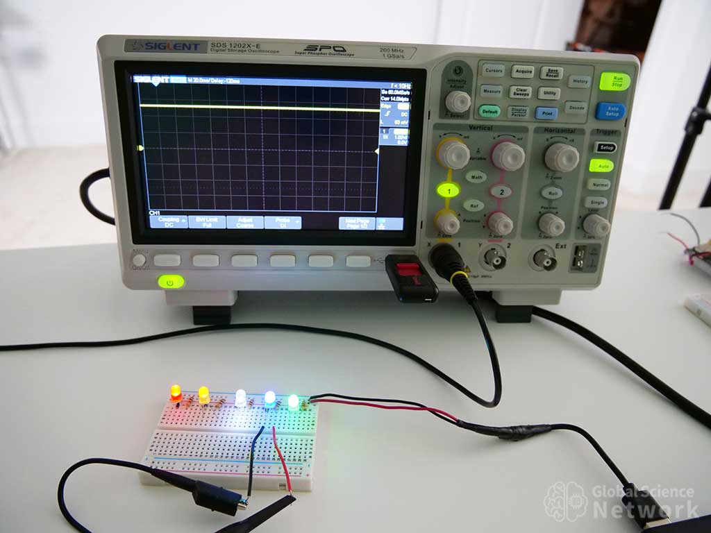 blue LED with the voltage drop measured on an oscilloscope