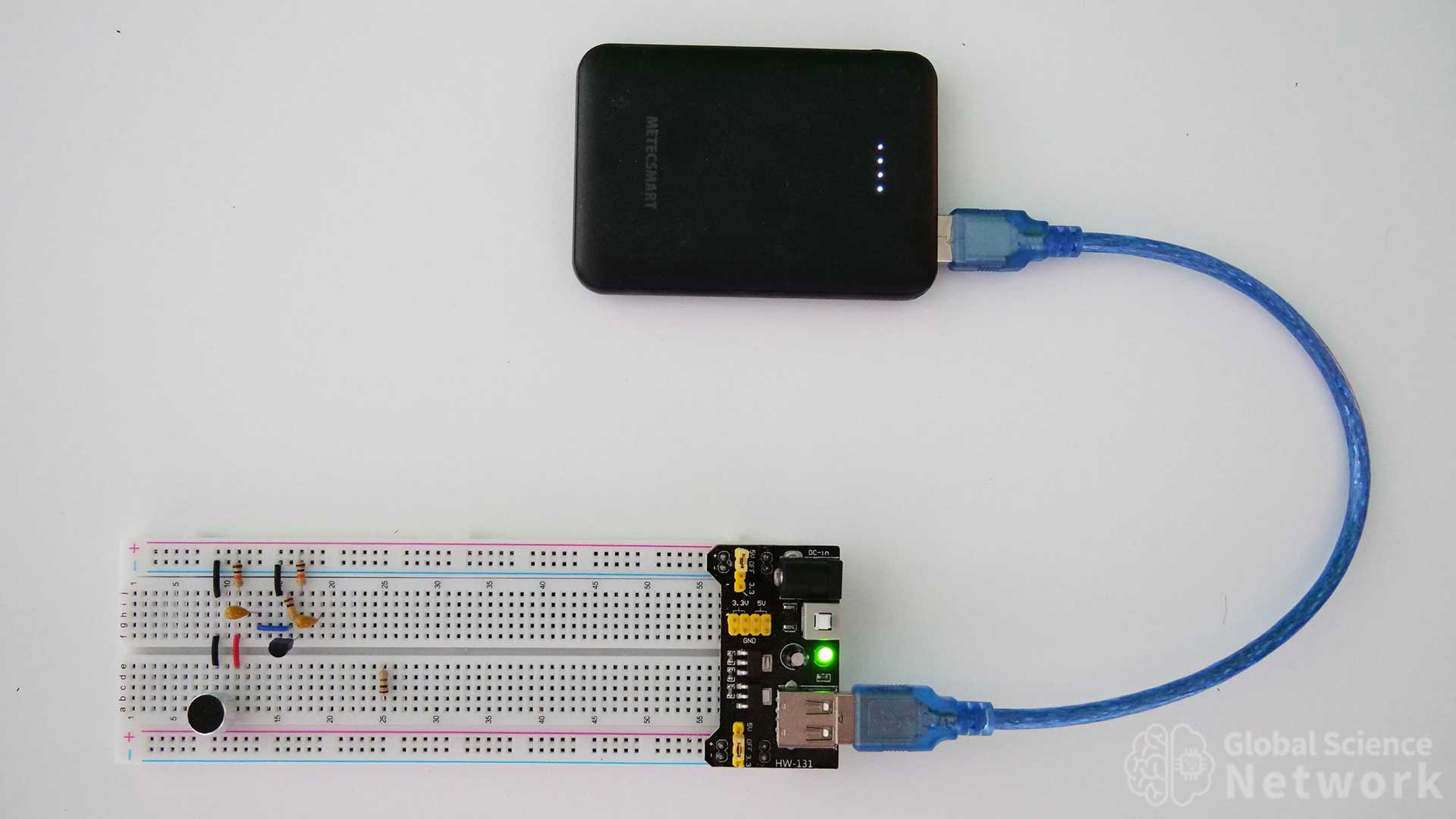 breadboard 3 volt and 5 volt power supply with USB battery pack