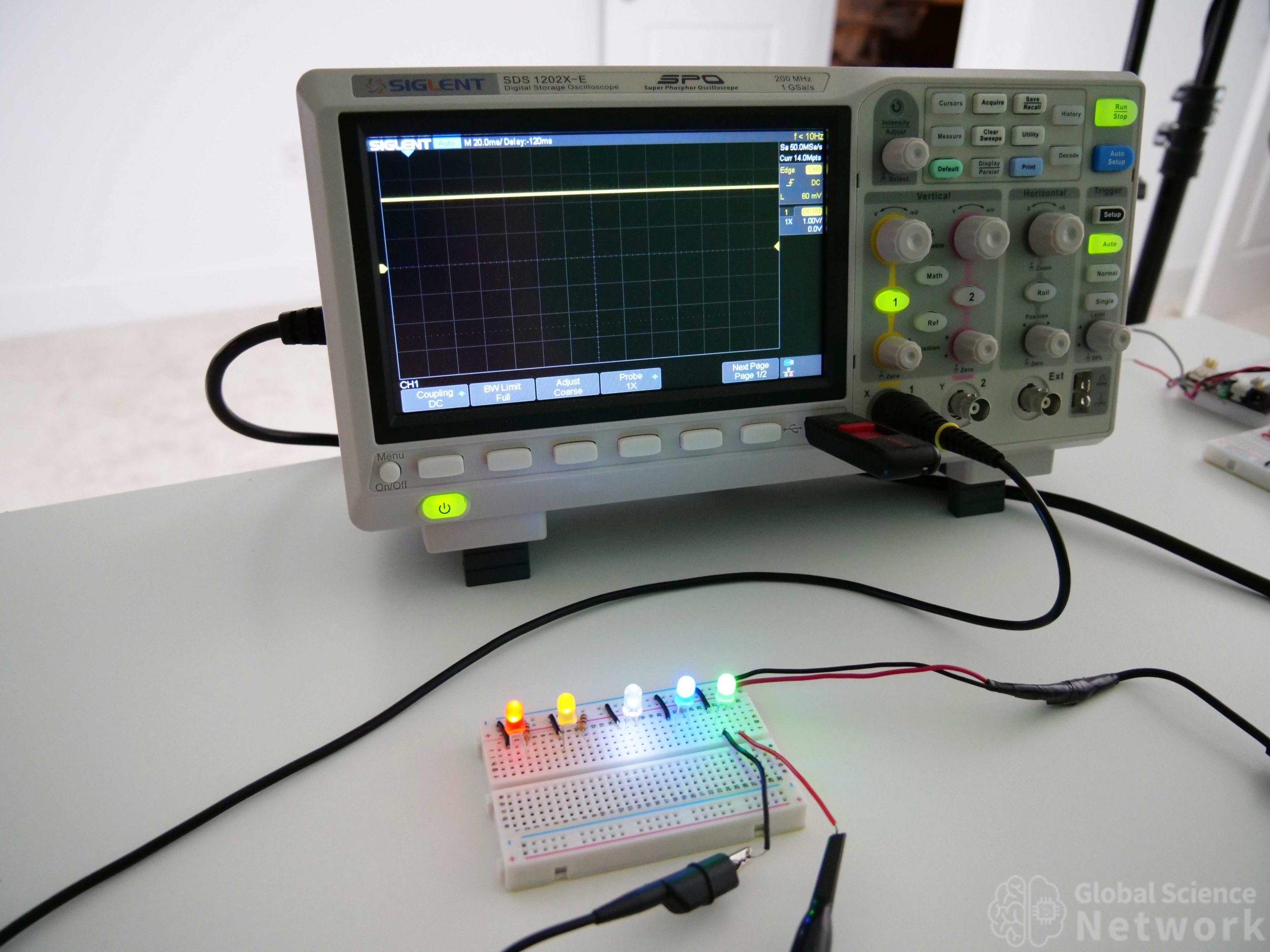 green LED with the voltage drop measured on an oscilloscope