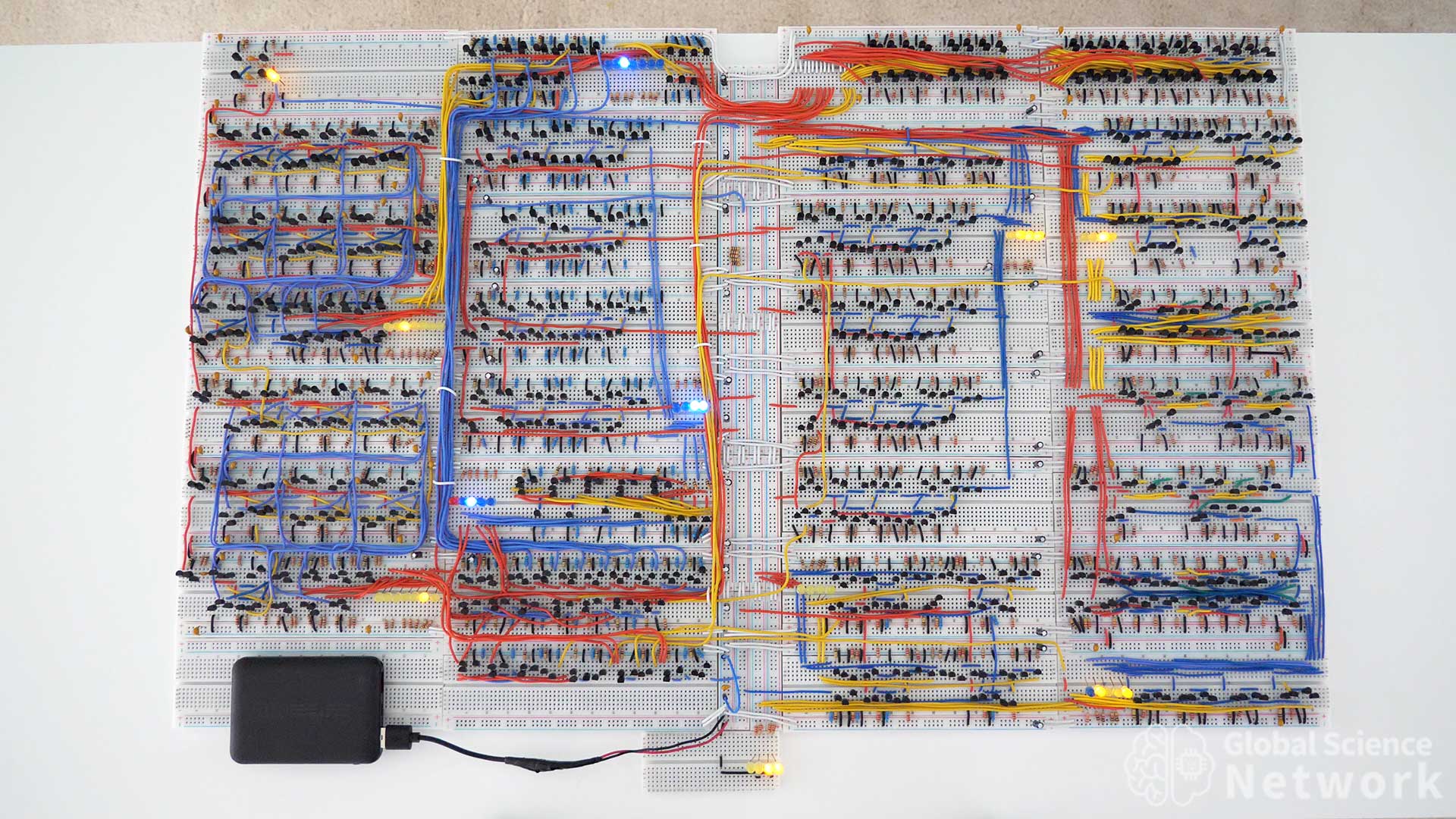4-bit computer built with individual transistors on breadboards
